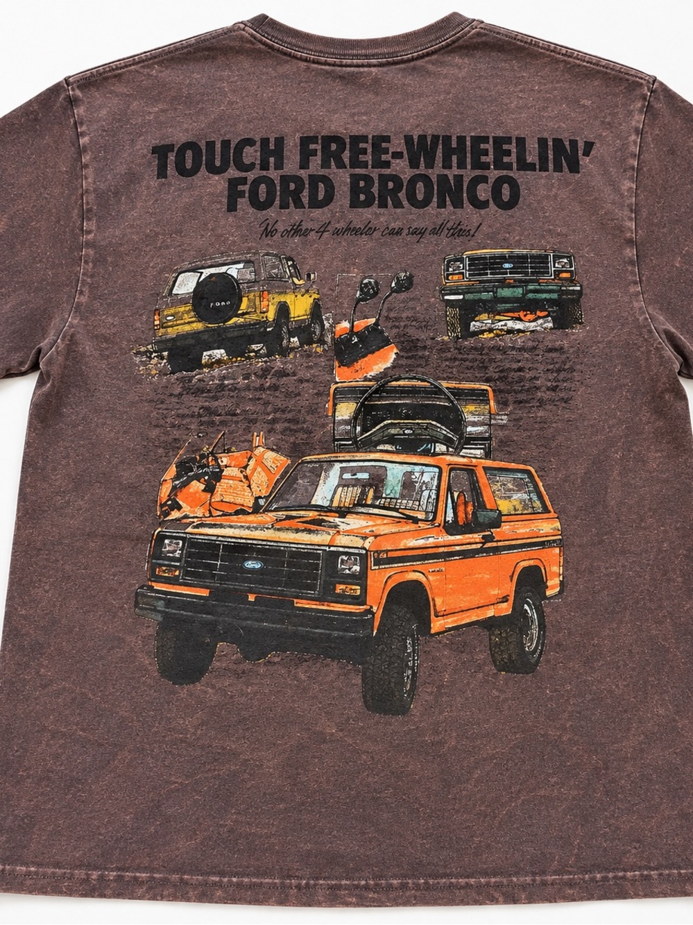 Ford Bronco 1978 Free Wheelin 2-Sided Graphic Tee Size L Brown Acid Wash